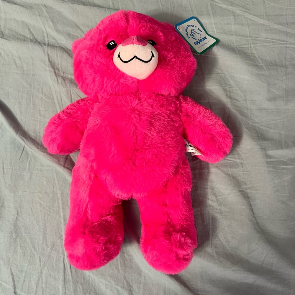 Pink stuffed teddy bear with tag